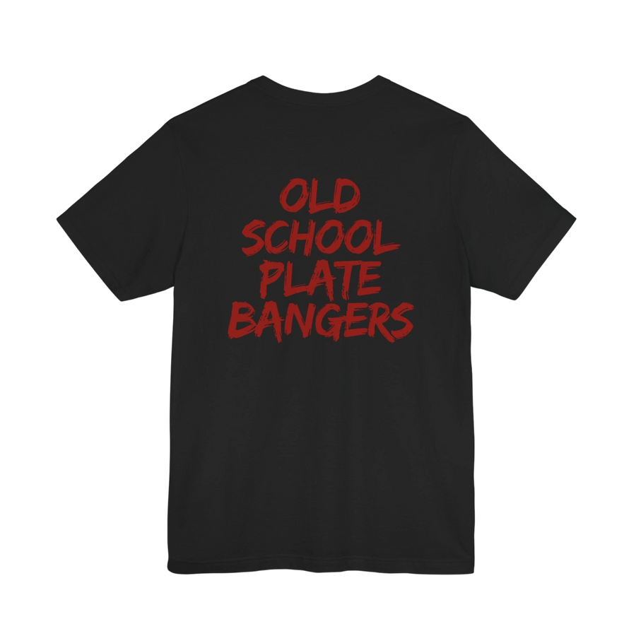 DailyThreadCo. black 100% cotton t-shirt with red distressed text reading "OLD SCHOOL PLATE BANGERS" on the back.