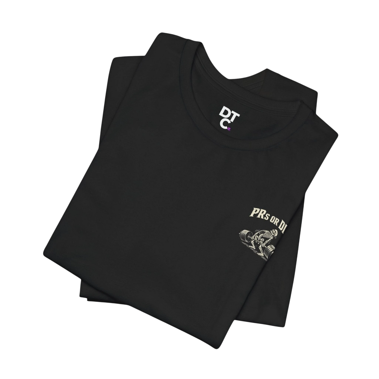 DailyThreadCo. black 100% cotton t-shirt with a skeleton deadlifting graphic and "PRs or Die" text on the back.
