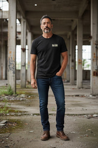 DailyThreadCo. black 100% Airlume cotton t-shirt with skeleton graphic on back and 