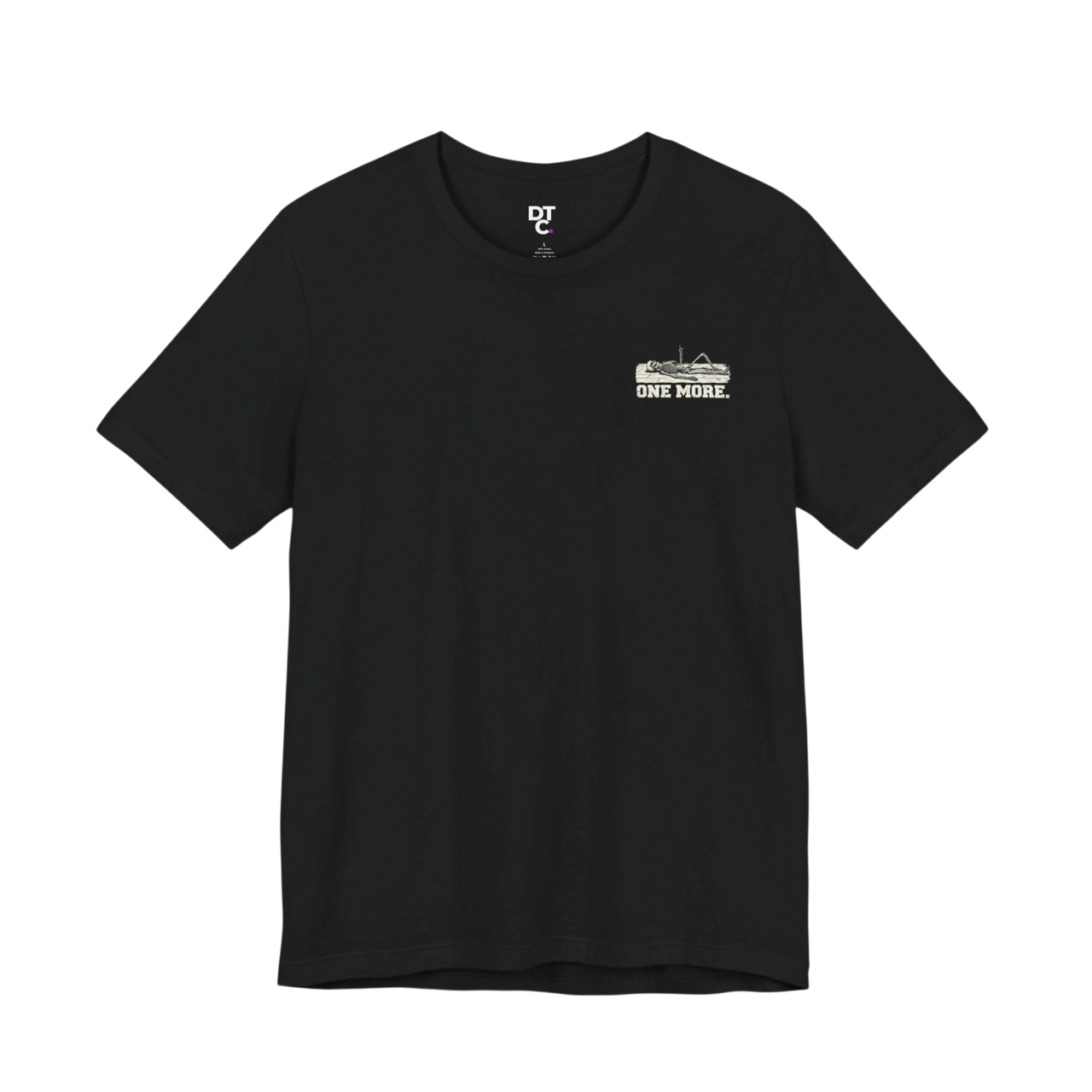 DailyThreadCo. black 100% Airlume cotton t-shirt with a distressed skeleton graphic and "ONE MORE." text on the back.