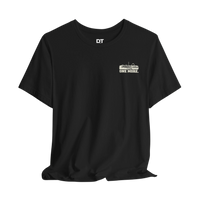 DailyThreadCo. black 100% Airlume cotton t-shirt with a distressed skeleton graphic and 