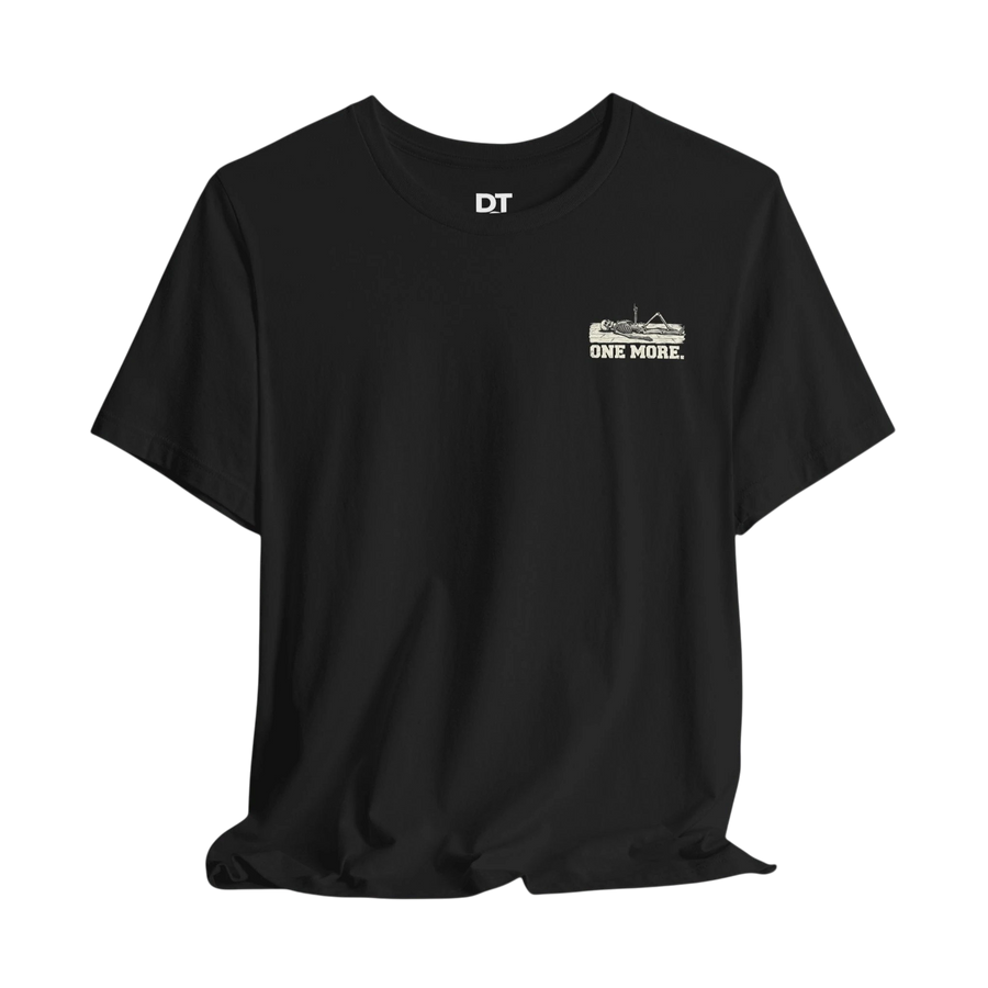 DailyThreadCo. black 100% Airlume cotton t-shirt with a distressed skeleton graphic and "ONE MORE." text on the back.