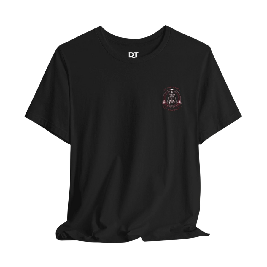 DailyThreadCo. black 100% cotton t-shirt with a skeleton weightlifter graphic on the back and chest emblem. Crew neck, short sleeves, retail fit.