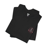 DailyThreadCo. black 100% cotton t-shirt with a circular graphic of a skeleton lifting weights, framed by laurels and text.