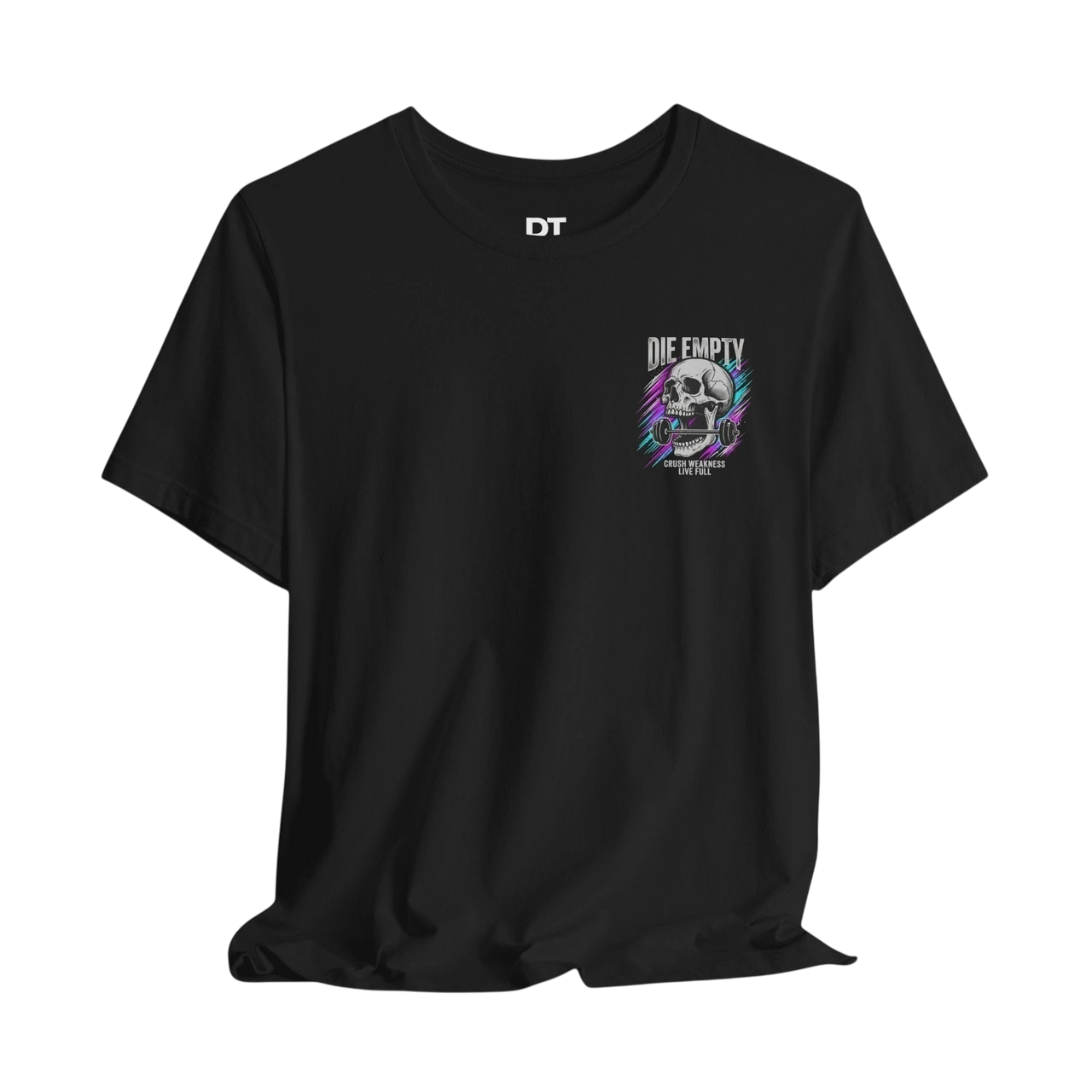 DailyThreadCo. black 100% cotton t-shirt with a skull gripping a barbell and neon streaks graphic, and "DIE EMPTY" text.