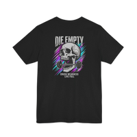 DailyThreadCo. black 100% cotton t-shirt with a graphic of a skull gripping a barbell, neon streaks, and the text 