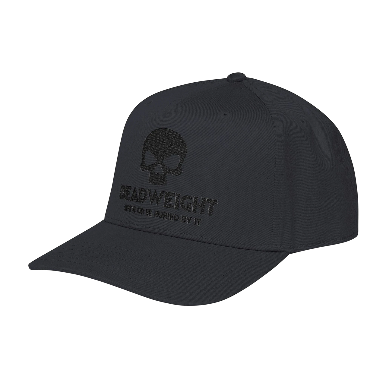 DailyThreadCo. black structured 5-panel baseball cap with embroidered skull and Deadweight text on the front.
