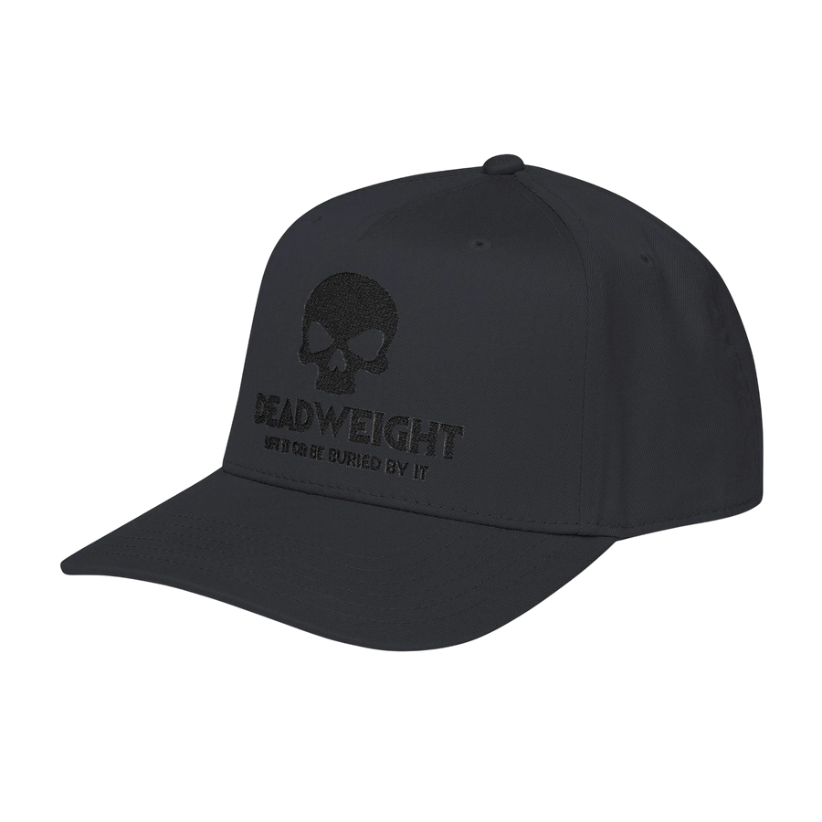 DailyThreadCo. black structured 5-panel baseball cap with embroidered skull and Deadweight text on the front.