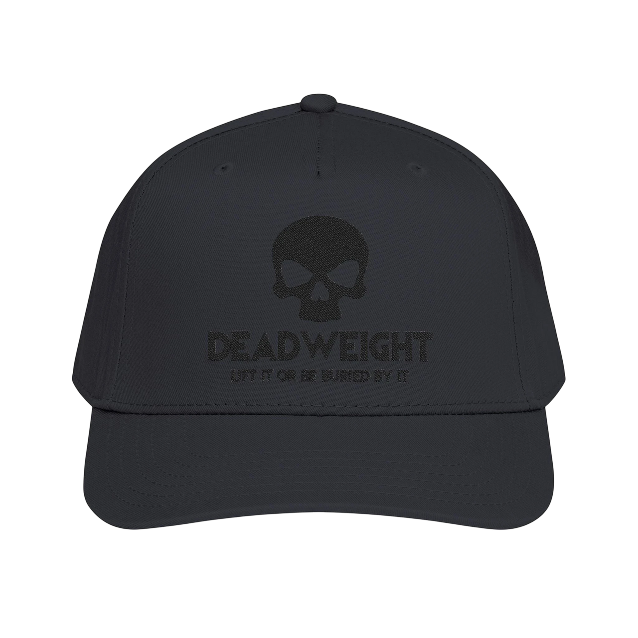 DailyThreadCo. black structured baseball cap with embroidered skull graphic and Deadweight text on the front panel.