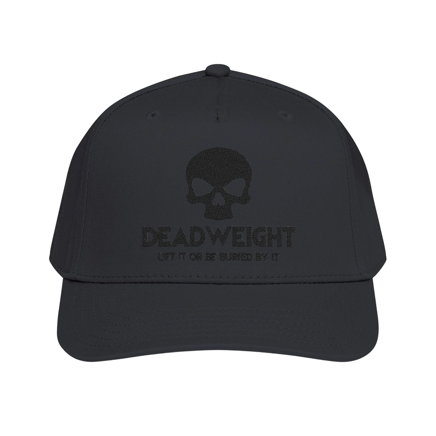 DailyThreadCo. black structured baseball cap with embroidered skull graphic and Deadweight text on the front panel.