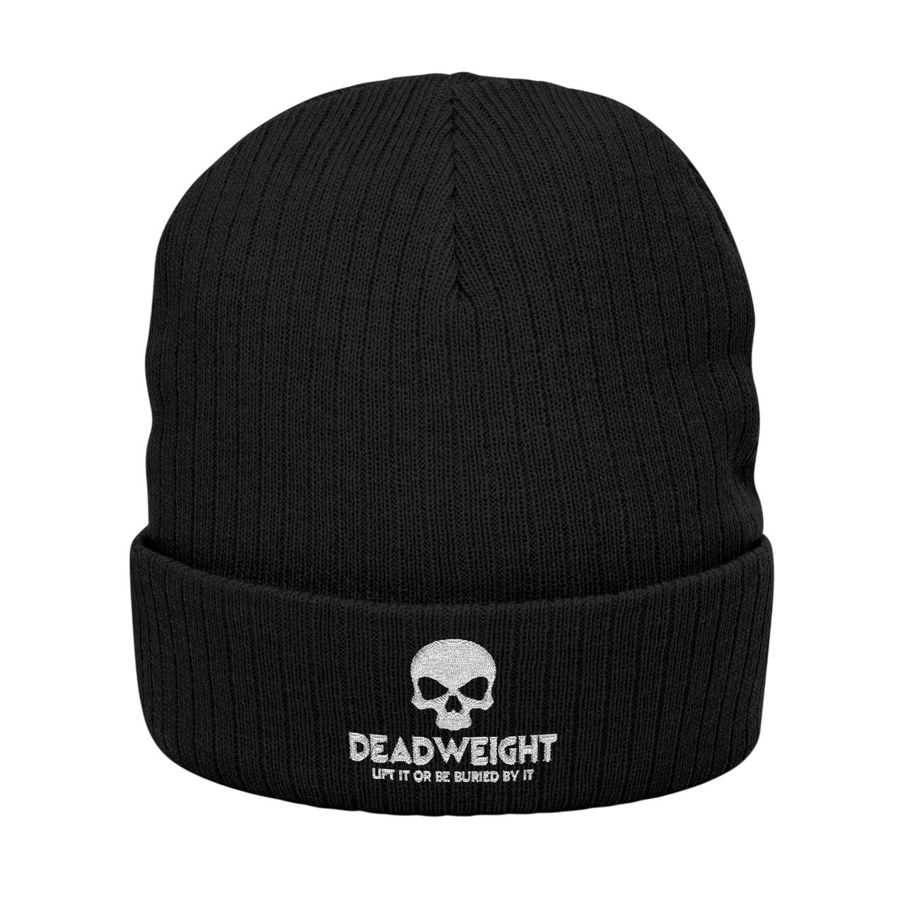 DailyThreadCo. black ribbed knit beanie with a white embroidered skull and Dead Weight text on the cuffed front.