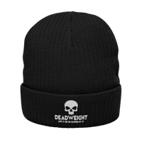 DailyThreadCo. black ribbed knit beanie with a white embroidered skull and Dead Weight text on the cuffed front.
