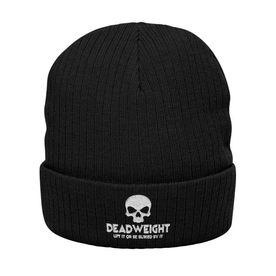 DailyThreadCo. black ribbed knit beanie with a white embroidered skull and Dead Weight text on the cuffed front.