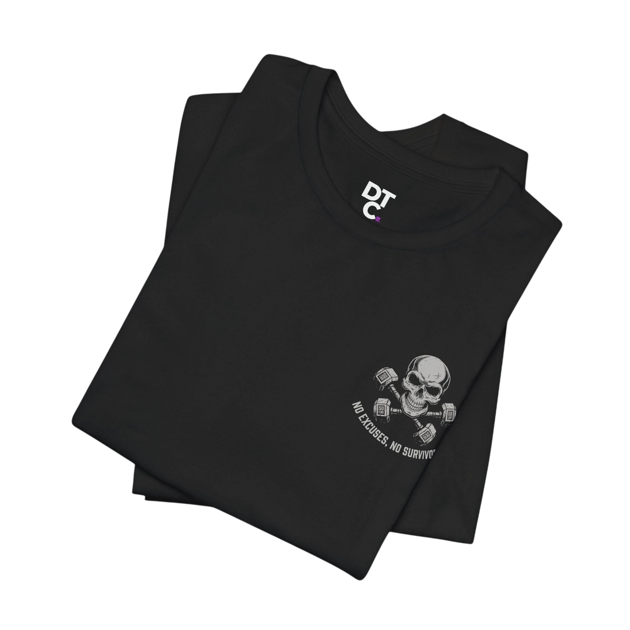 DailyThreadCo. black crew-neck fitness t-shirt featuring a skull and dumbbell graphic with No Excuses No Survivors text
