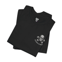 DailyThreadCo. black crew-neck fitness t-shirt featuring a skull and dumbbell graphic with No Excuses No Survivors text