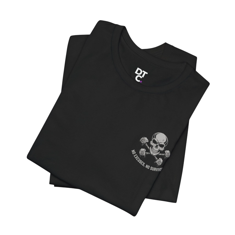 DailyThreadCo. black crew-neck fitness t-shirt featuring a skull and dumbbell graphic with No Excuses No Survivors text