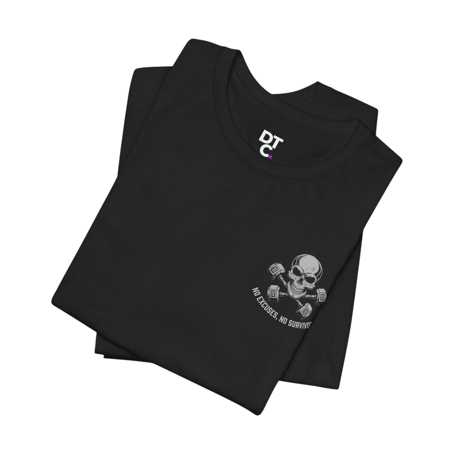 DailyThreadCo. black 100% Airlume cotton t-shirt with a small skull and dumbbells graphic on the left chest.