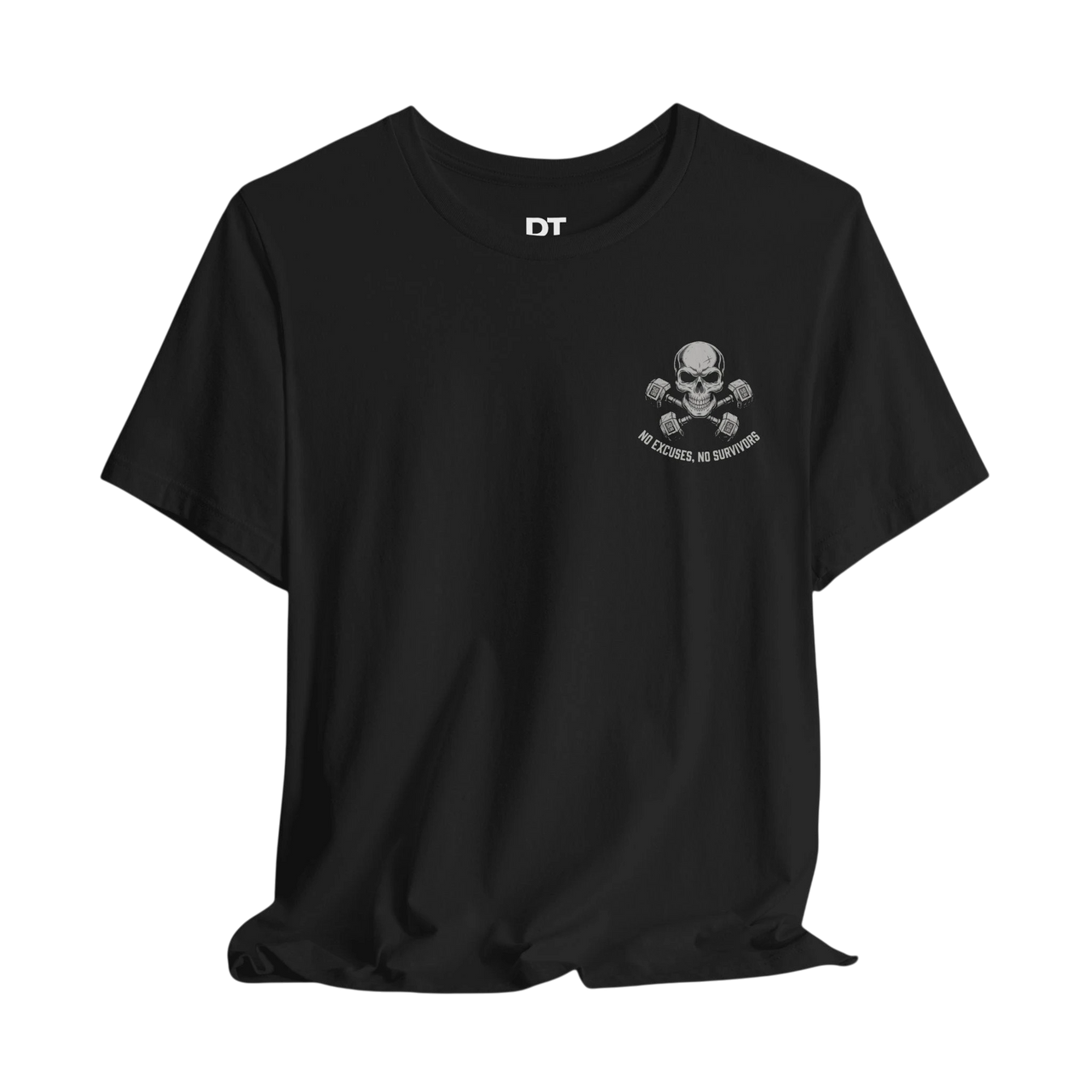 DailyThreadCo. black crew-neck fitness t-shirt featuring a small skull and dumbbells graphic on the chest.