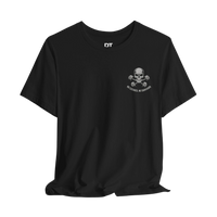 DailyThreadCo. black crew-neck fitness t-shirt featuring a small skull and dumbbells graphic on the chest.