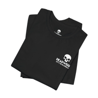 DailyThreadCo. black cotton crew neck t-shirt featuring a small white skull graphic and Deadweight text on the chest.