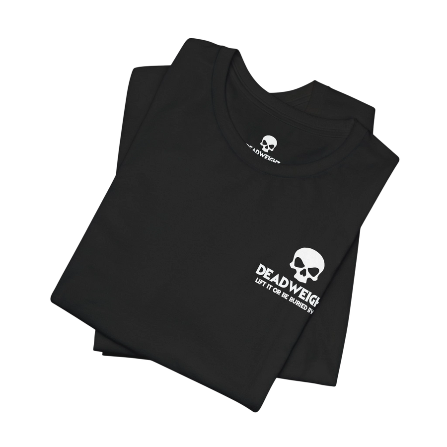 DailyThreadCo. black cotton crew neck t-shirt featuring a small white skull graphic and Deadweight text on the chest.