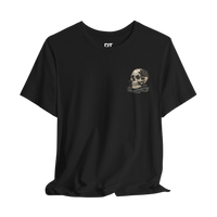 DailyThreadCo. black 100% cotton graphic tee with skull and rose artwork on chest.
