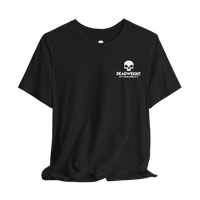 DailyThreadCo. black cotton t-shirt featuring a white skull chest logo and motivational back graphic.