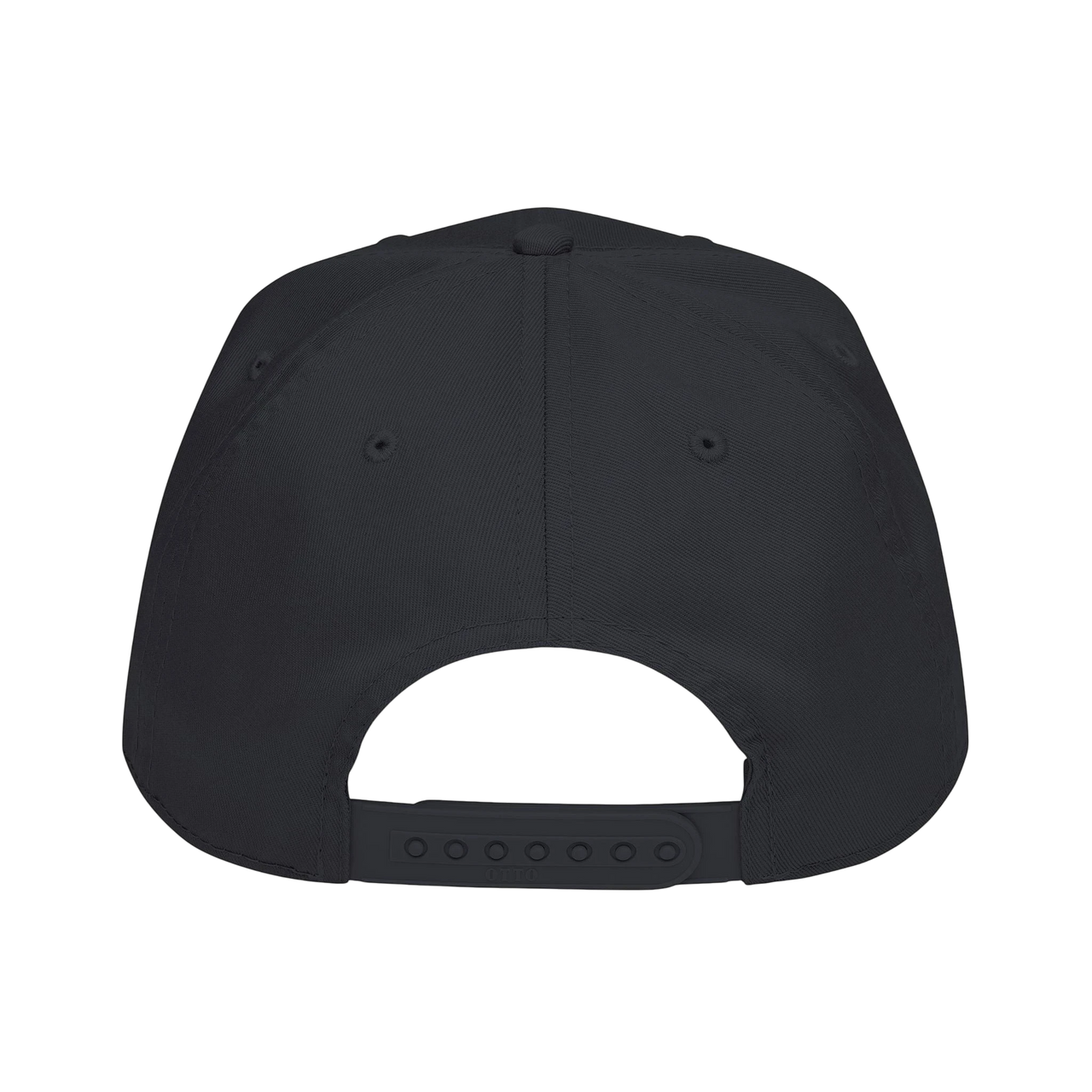 DailyThreadCo. black structured 5-panel baseball cap, back view showing the adjustable plastic snapback closure.