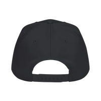 DailyThreadCo. black structured 5-panel baseball cap, back view showing the adjustable plastic snapback closure.