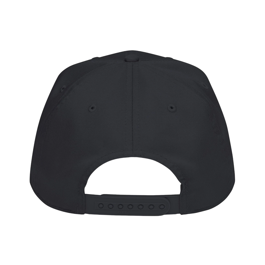 DailyThreadCo. black structured 5-panel baseball cap, back view showing the adjustable plastic snapback closure.