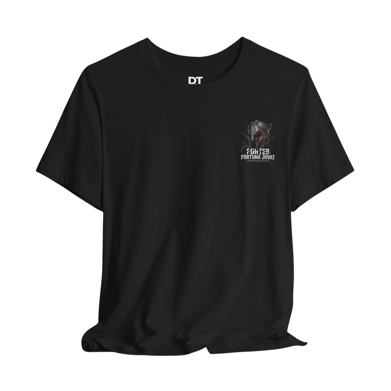 DailyThreadCo. black 100% cotton t-shirt with a distressed Spartan helmet graphic and "Fortes Fortuna Juvat" text on the back.
