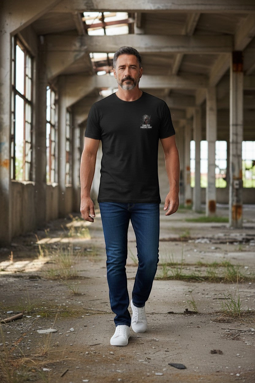 DailyThreadCo. black 100% cotton t-shirt with a Spartan helmet graphic and "Fortes Fortuna Juvat" text. Model is wearing jeans and white sneakers.
