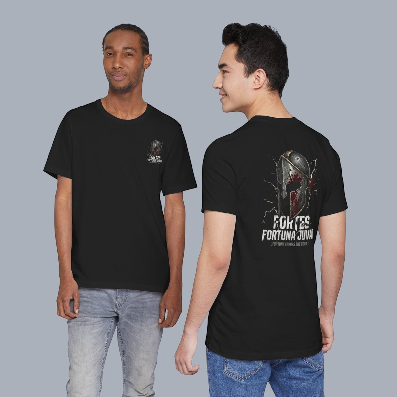 DailyThreadCo. black 100% cotton t-shirt with a distressed Spartan helmet graphic and "Fortes Fortuna Juvat" text on the back.