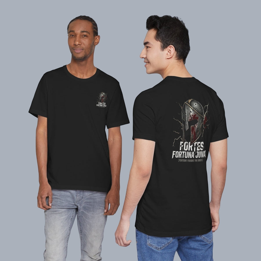 DailyThreadCo. black 100% cotton t-shirt with a distressed Spartan helmet graphic and "Fortes Fortuna Juvat" text on the back.