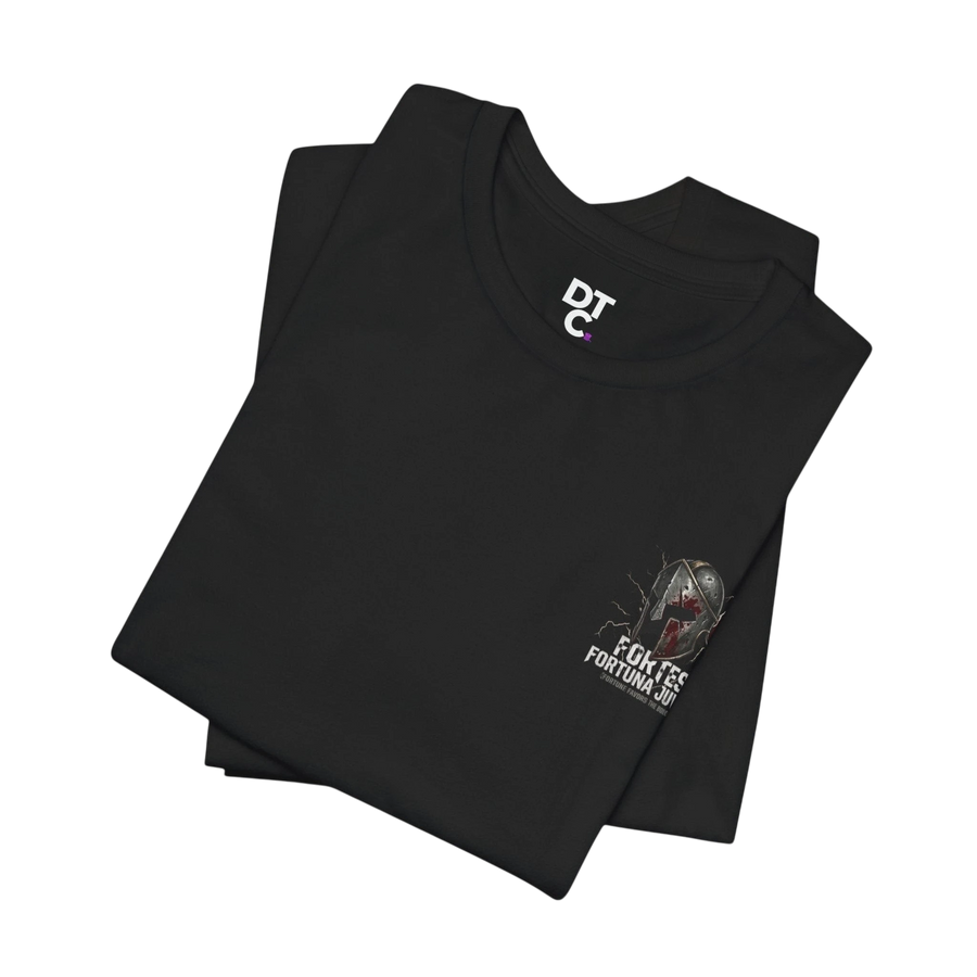 DailyThreadCo. black 100% cotton t-shirt with a distressed Spartan helmet graphic and "Fortes Fortuna Juvat" text.