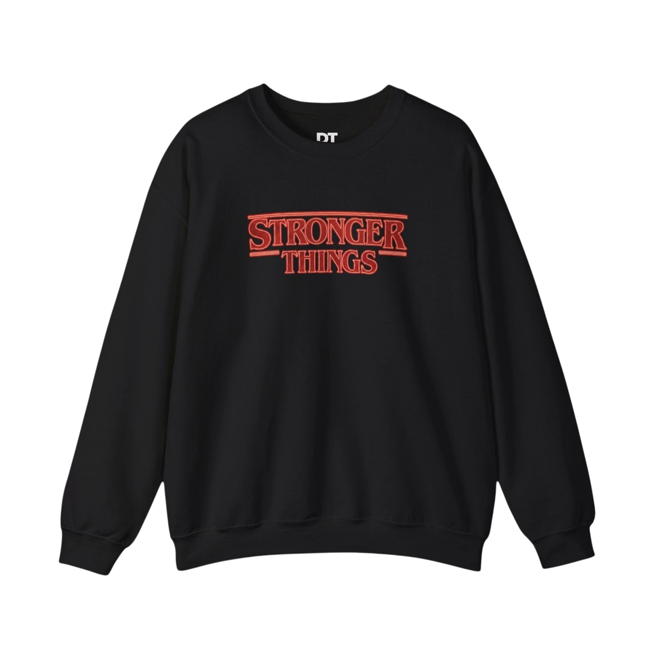 DailyThreadCo. black crewneck sweatshirt with red embroidered "Stronger Things" logo, 50/50 cotton-polyester blend.