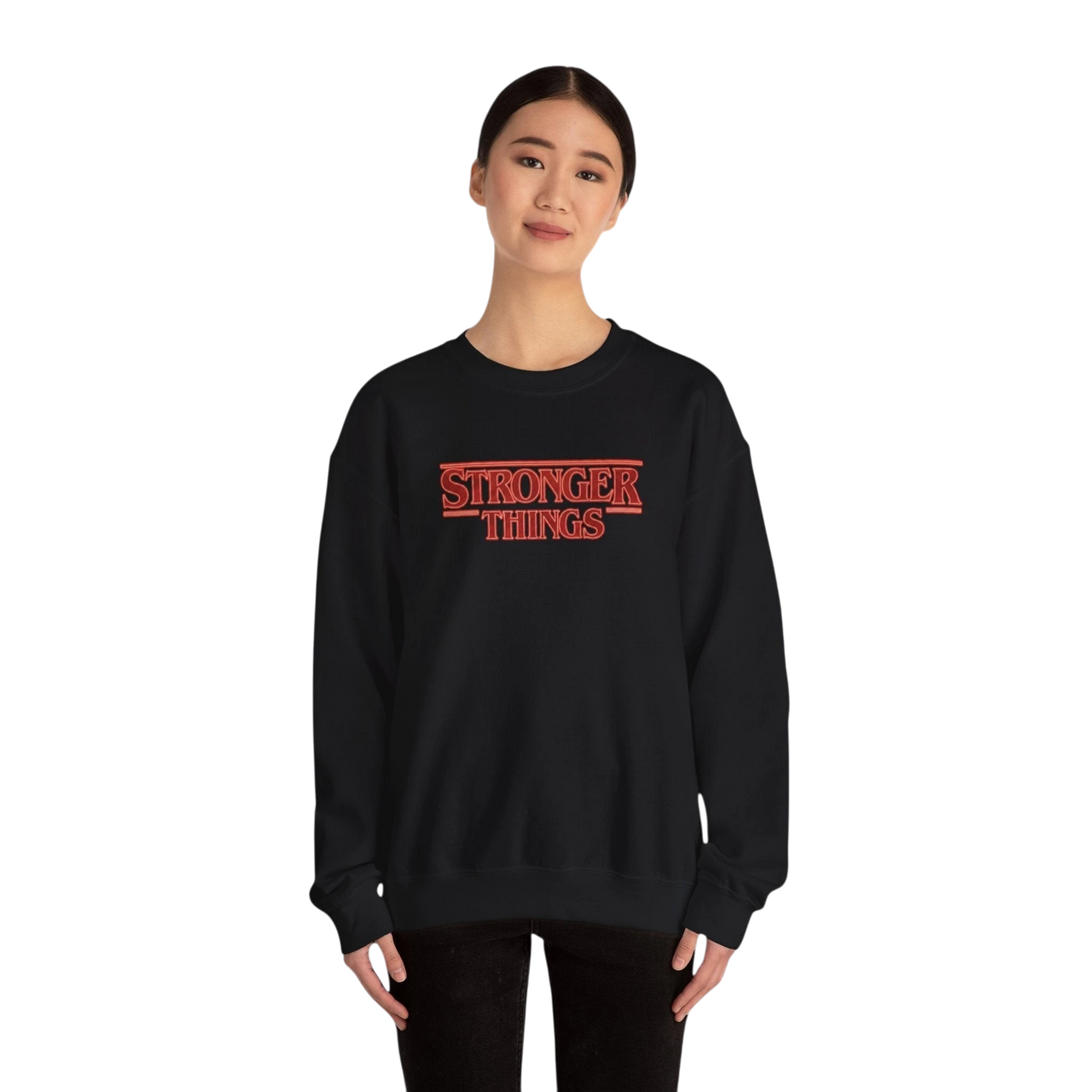 DailyThreadCo. black crewneck sweatshirt with "Stronger Things" retro red logo embroidery on chest. 50/50 cotton-polyester blend.
