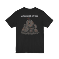 DailyThreadCo. black 100% cotton t-shirt with a graphic of stacked weight plates and the text 