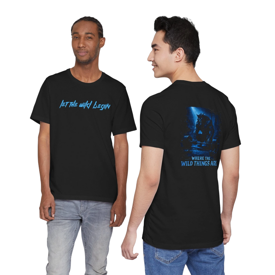 DailyThreadCo. black 100% cotton t-shirt with blue text "LET THE WILD BEGIN" on front and creature illustration on back.