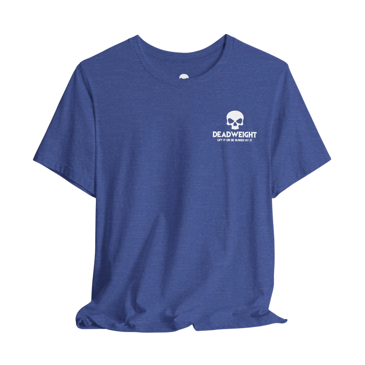 DailyThreadCo. blue cotton t-shirt featuring a white skull logo on the chest with the text DEADWEIGHT.