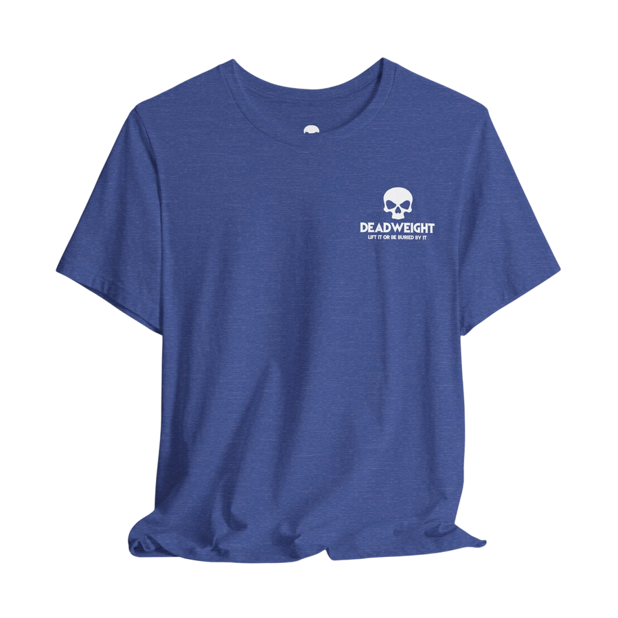DailyThreadCo. blue cotton t-shirt featuring a white skull logo on the chest with the text DEADWEIGHT.