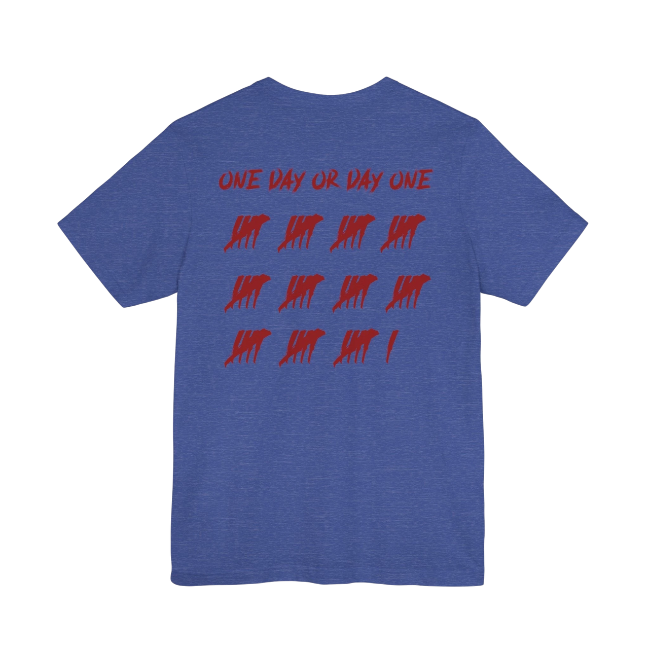 DailyThreadCo. blue cotton t-shirt with red One Day or Day One tally mark graphic on the back