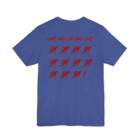 DailyThreadCo. blue cotton t-shirt with red One Day or Day One tally mark graphic on the back