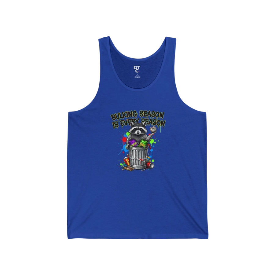 DailyThreadCo. blue cotton tank top with a graphic of a raccoon in a trash can and the text "Bulking season is every season".