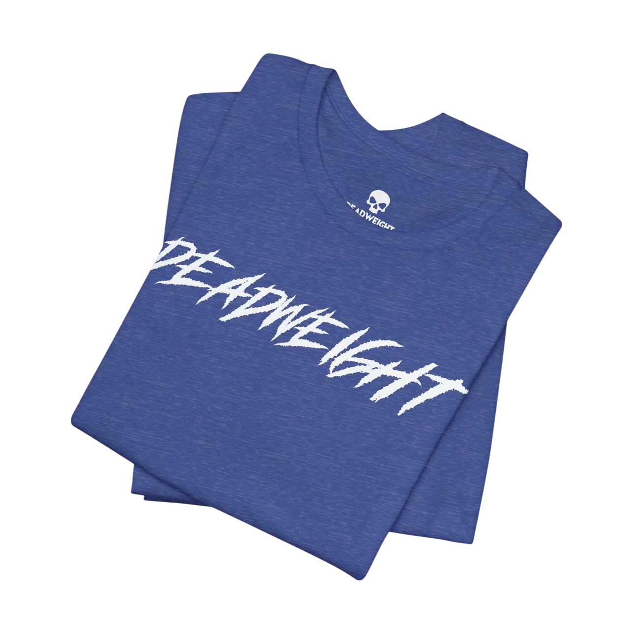 DailyThreadCo. blue cotton gym t-shirt with white jagged DEADWEIGHT graphic on the chest.