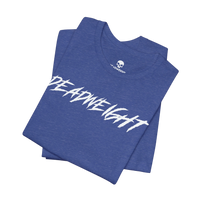 DailyThreadCo. blue cotton gym t-shirt with white jagged DEADWEIGHT graphic on the chest.