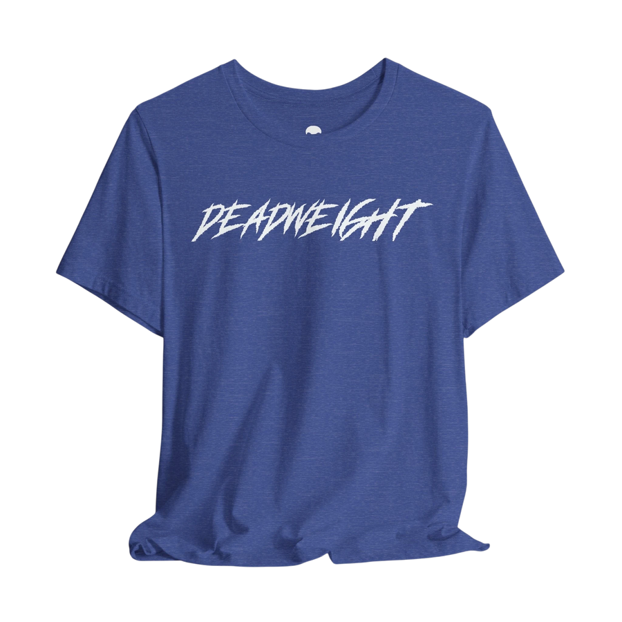 DailyThreadCo. blue crew-neck gym t-shirt with white jagged DEADWEIGHT graphic on the chest.