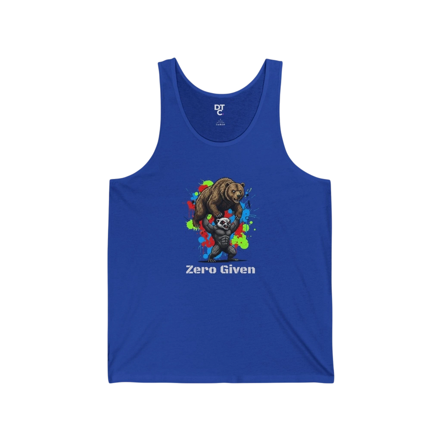 DailyThreadCo. blue cotton graphic tank top with a bear lifting a honey badger and the text "Zero Given".
