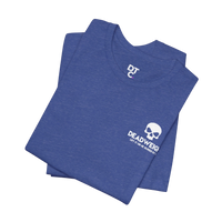 DailyThreadCo. blue heather cotton t-shirt featuring a small white skull logo on the chest for a motivational look.