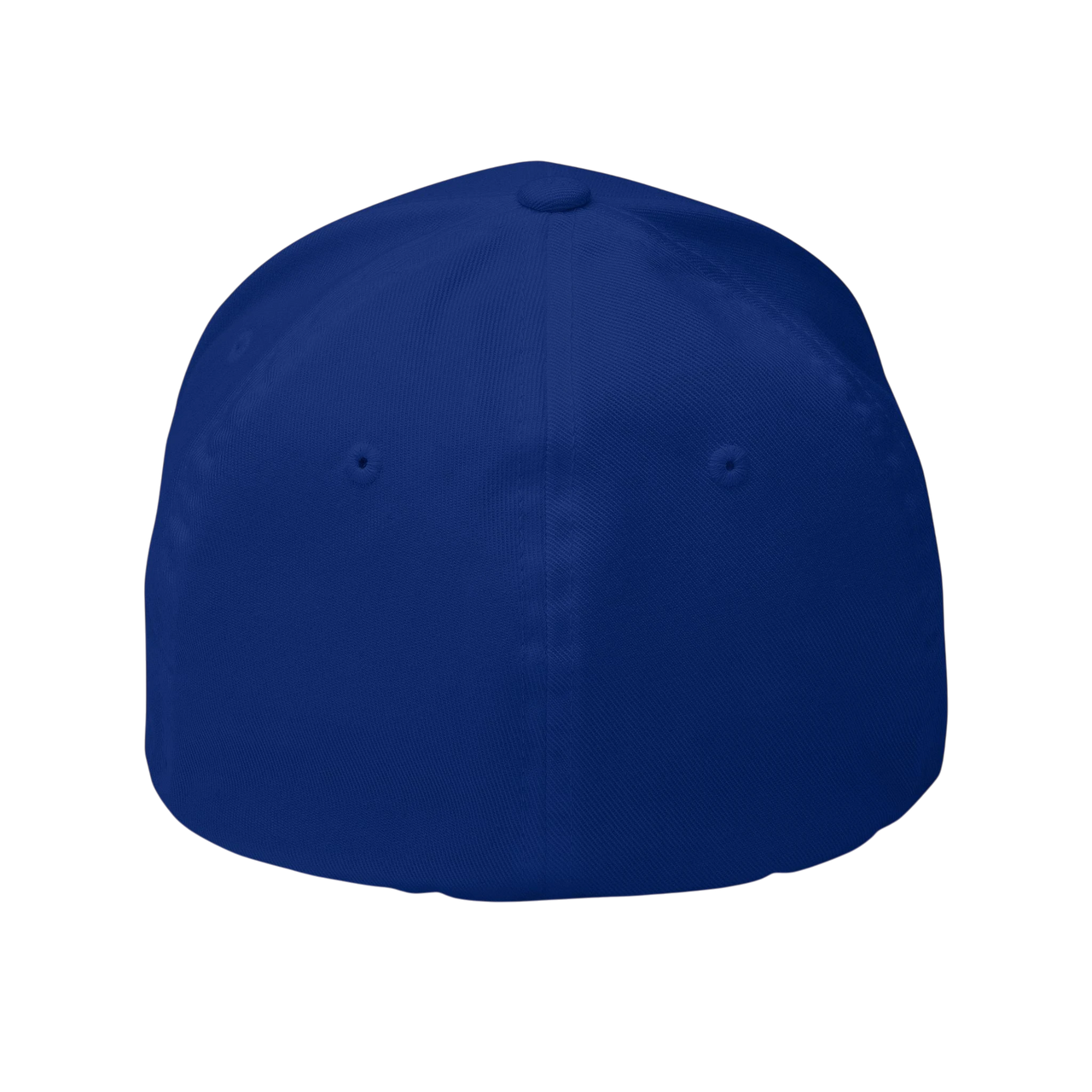 DailyThreadCo. blue structured Flexfit cap with a curved visor and embroidered distressed skull design.